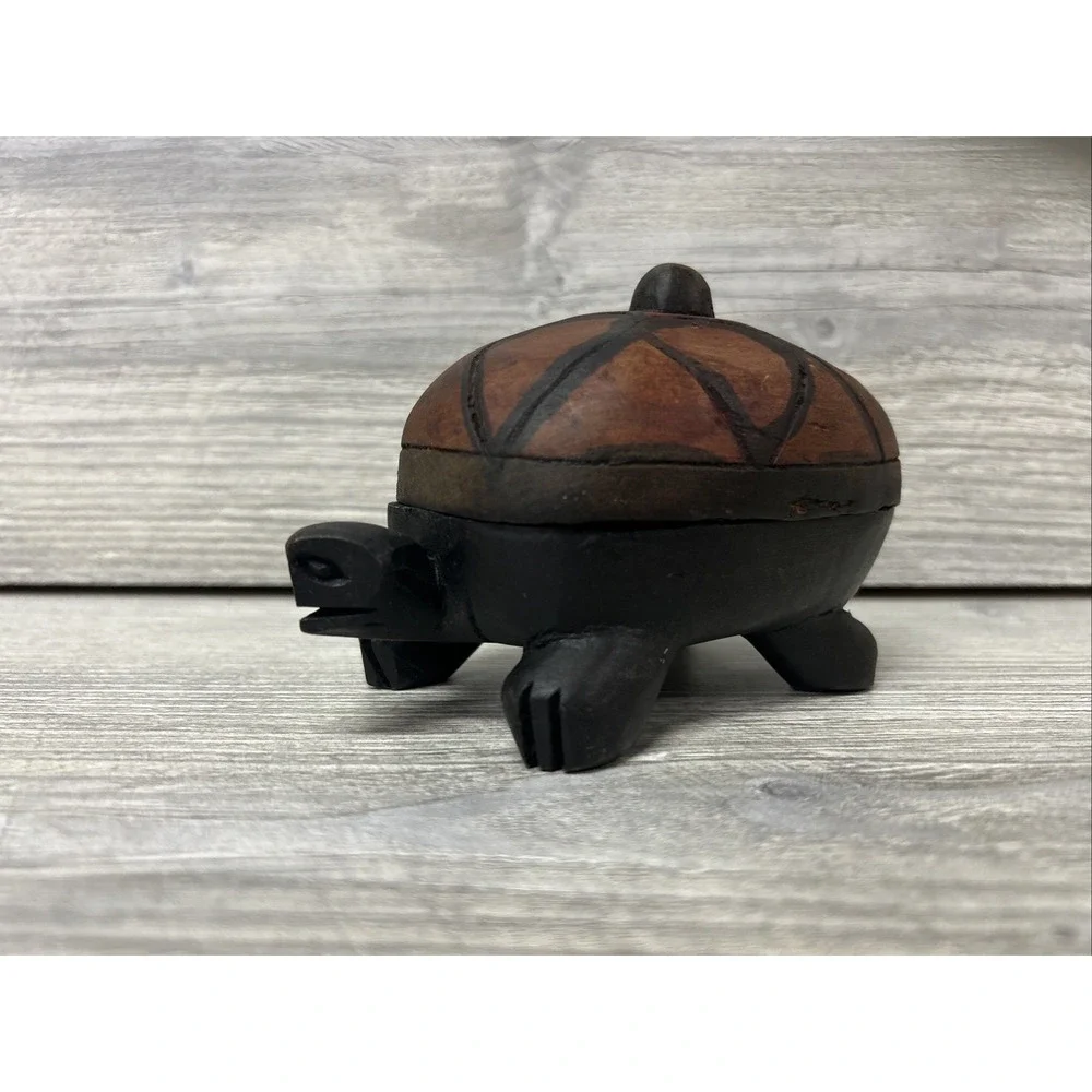 Wood Turtle Trinket Box With Lid Folk Art Vintage Hand Carved Kenya A4‎